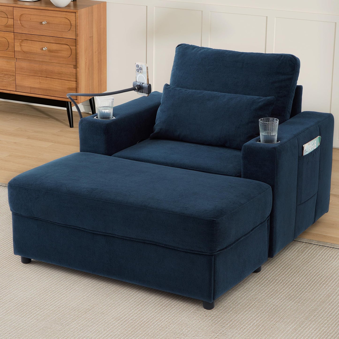 Merax Modern Oversized Chaise Longue Chair with Movable Storage Ottoman, 2 USB Ports, 2 Cup Holders, a Phone Holder, Side Pockets, 42.5" Reclining Chair for Living Room, Bedroom, Blue