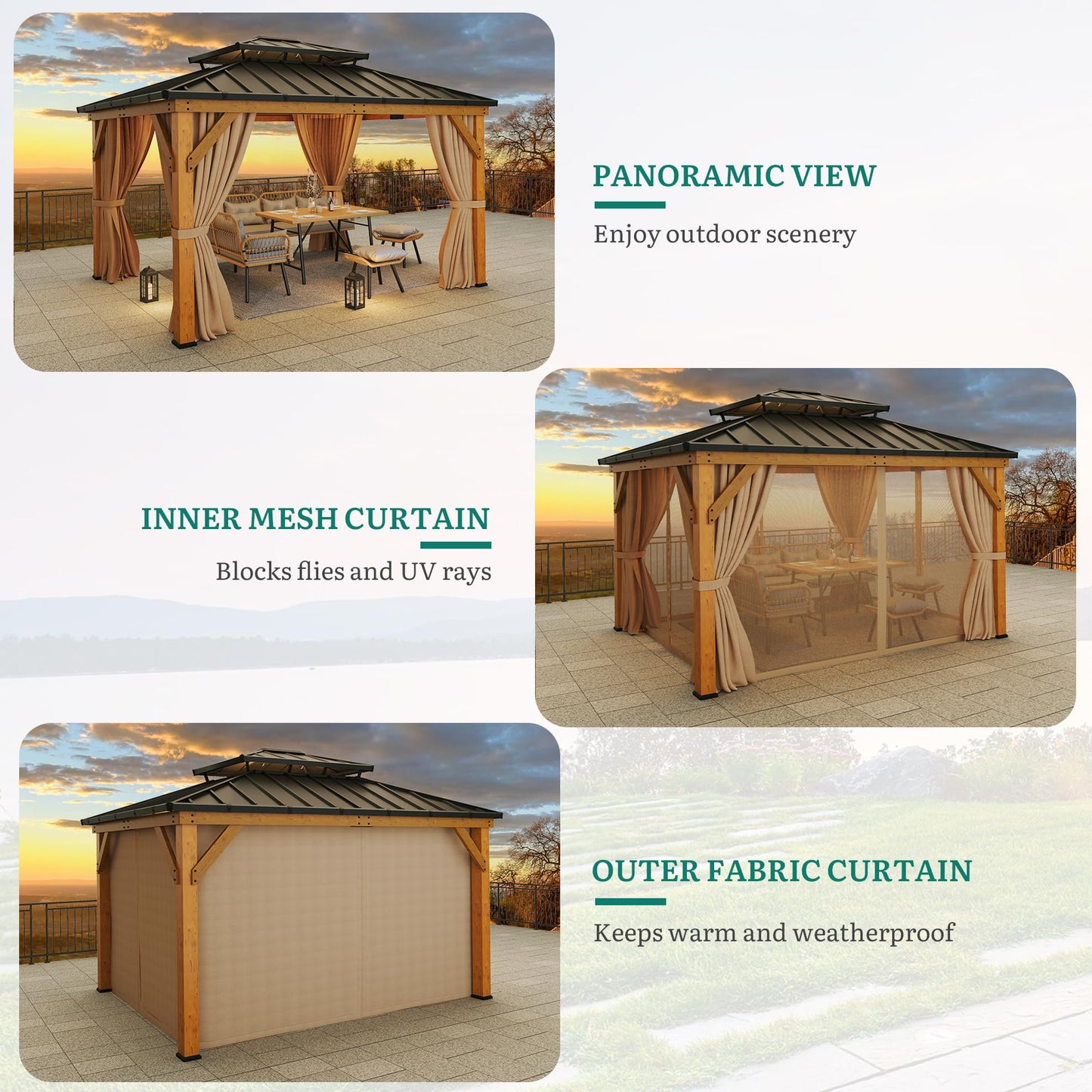 YITAHOME 11x13ft Wood Gazebo Outdoor Wooden Frame Double Roof Hardtop Galvanized Steel Top Canopy w/Curtain and Netting, Patio Heavy Duty Gazebo for Deck, Backyard, Beige Yellow