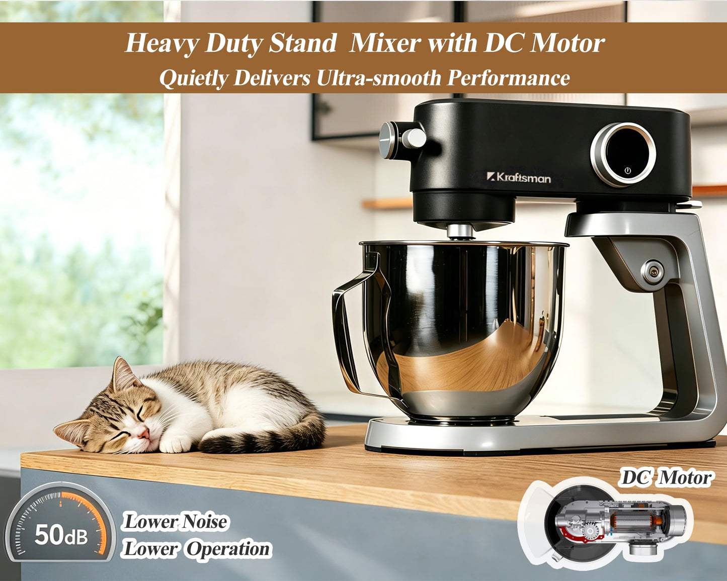 Kraftsman All Metal Stand Mixer 5.3 Quart with 4 Stainless Steel Attachments, Heavy Duty Dough Mixer with DC Motor, Lower Noise, Verstile Mixer with Power Hub, 8-Speed & Timer (Black)