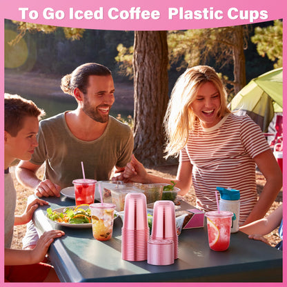 KesaPlan 50 Pack 16 oz Pink Plastic Party Cups with Lids and Straws, Disposable Iced Coffee Cup with Lids, Round Bottom Drinking Cups for Birthday Wedding Valentine's Galentine's Bachelorette Party