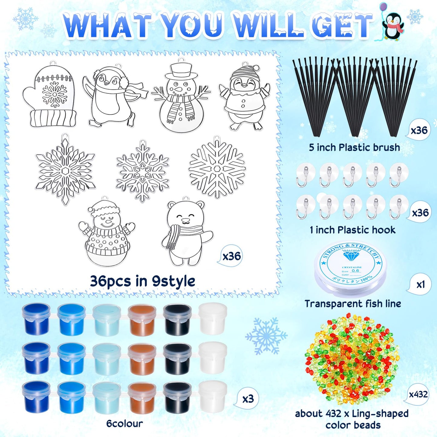 Capoda 36 Sets Winter Suncatchers Craft Kits DIY Animal Snowflake Sun Catcher Paints Craft Kits Window Paint Art Suncatchers Ornaments Decorations for Winter Holiday Xmas Party Activity Art Project