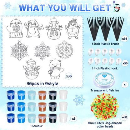 Capoda 36 Sets Winter Suncatchers Craft Kits DIY Animal Snowflake Sun Catcher Paints Craft Kits Window Paint Art Suncatchers Ornaments Decorations for Winter Holiday Xmas Party Activity Art Project