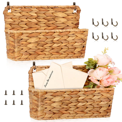 2 Pcs Woven Mail Holder Wall Mount Basket Rattan Wall Letter Holder Wicker Hanging Magazine Rack Water Hyacinth Magazine Basket 9.25x1.57 Inch Hanging Storage Basket with Hooks for Envelope Office