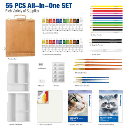 Artbreezing Mixed Media Art Set,55 Pack Painting Supplies Kit with Tabletop Sketch Box Easel and Various Accessories,Complete Painting Set for Students Artists Beginners
