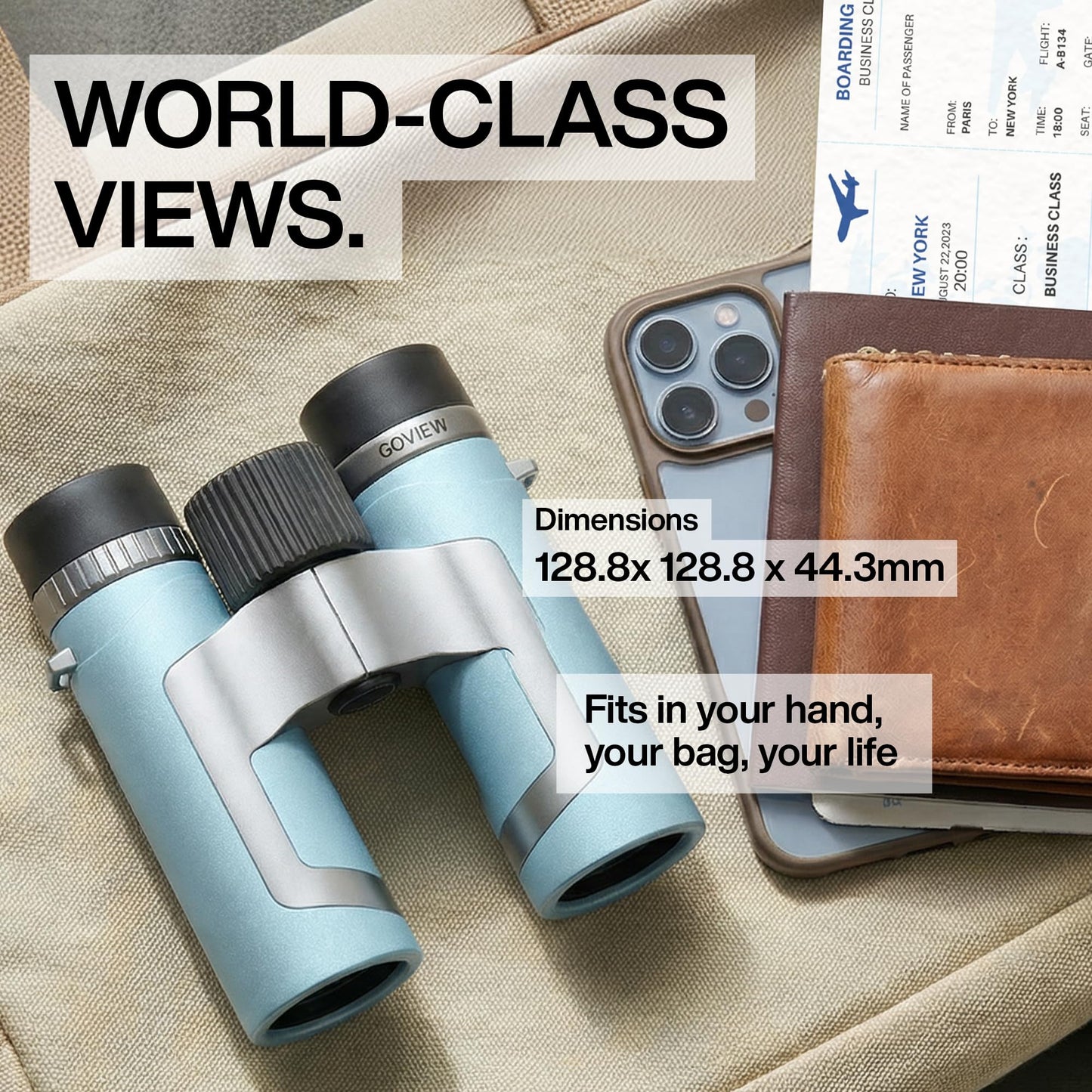 GOVIEW ZOOMR 10x34 Binoculars for Adults | Lightweight | BAK4 Prism with Fully Multi-Coated Optics | Smartphone Adapter Compatible | Waterproof IPX5/6 PORTR™ Strap with Easy Click Closure - Miami Blue