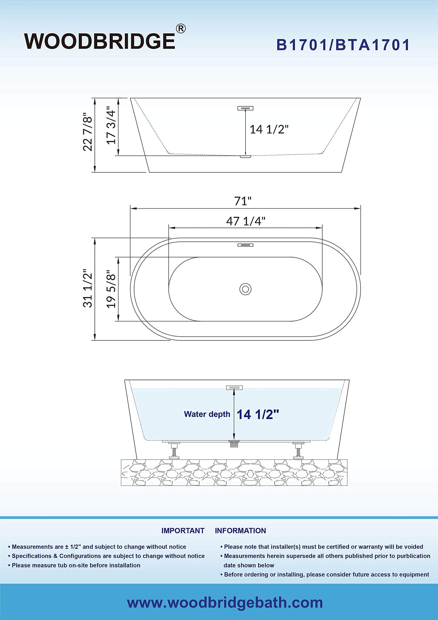 WOODBRIDGE 71" Acrylic Freestanding Bathtub Contemporary Soaking White Tub with Oil-Rubbed Bronze Overflow and Drain,White,B1701 ORB