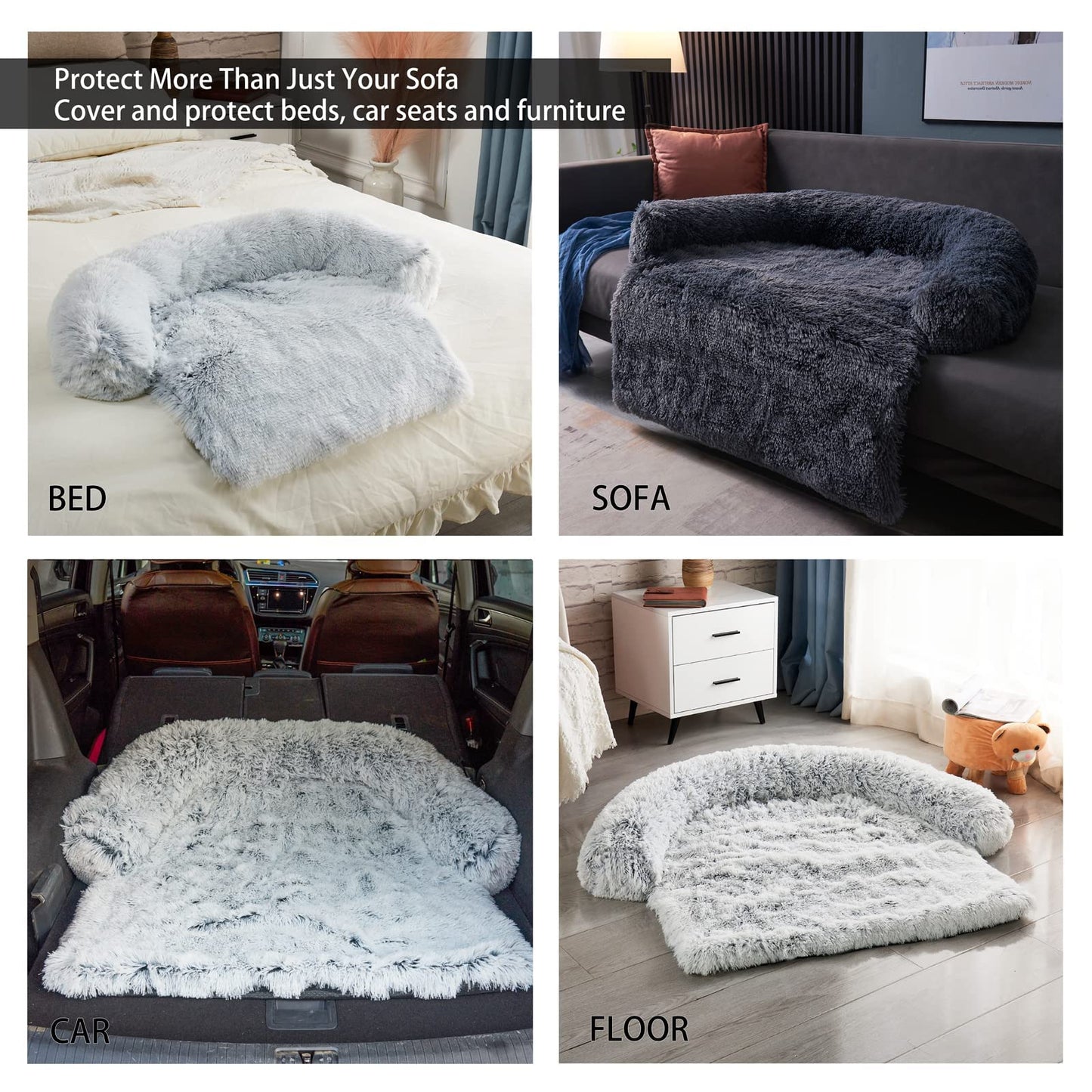 Dekeyoo Waterproof Calming Dog Bed, Pet Couch Protector Plush Dog Mat Dog Sofa, Pet Furniture Cover with Soft Neck Bolster, Machine Washable Silver Gray Large