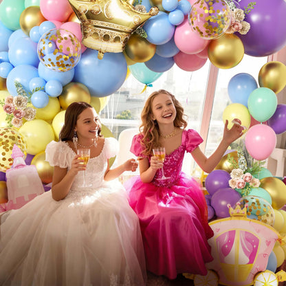 102pcs Princess Balloon Garland Arch Kit with Giant Pink Castle & Gold Crown Foil Balloons, 18/12/10/5 Inch Macaron Pastel Rainbow Latex for Girls Birthday, Fairytale Baby Shower