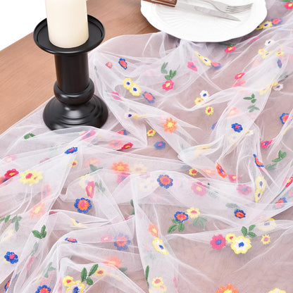 Joanlody 6pcs Ivory Summer Flower Table Runner 10ft Embroidery Daisy Floral Seasonal Tulle Table Runner for Home Garden Tea Party Holiday Birthday Decoration