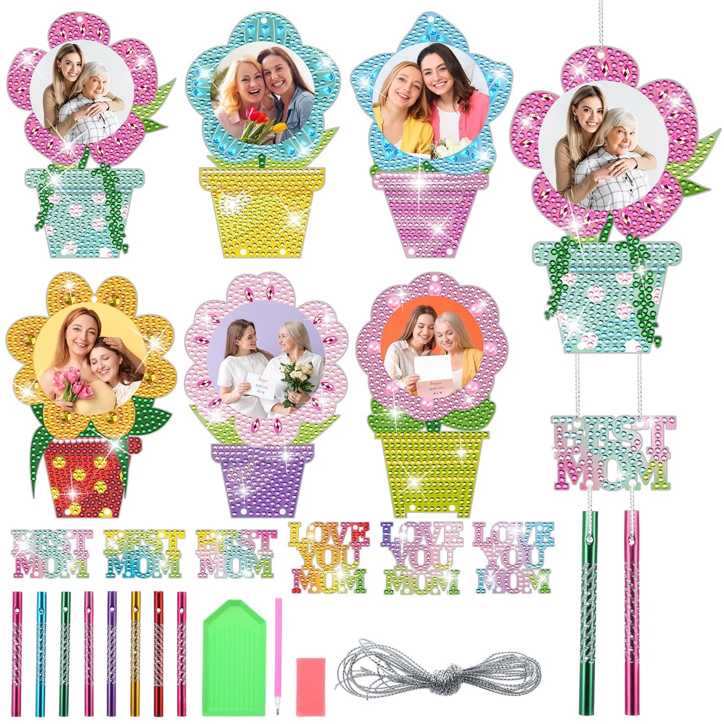 6 Sets Mother's Day Crafts Kits Diamond Painting Wind Chime Gifts Bulk Mothers Day Diamond Art Making Kits for Mom Women Employee Coworkers Friends Family Church DIY Activities