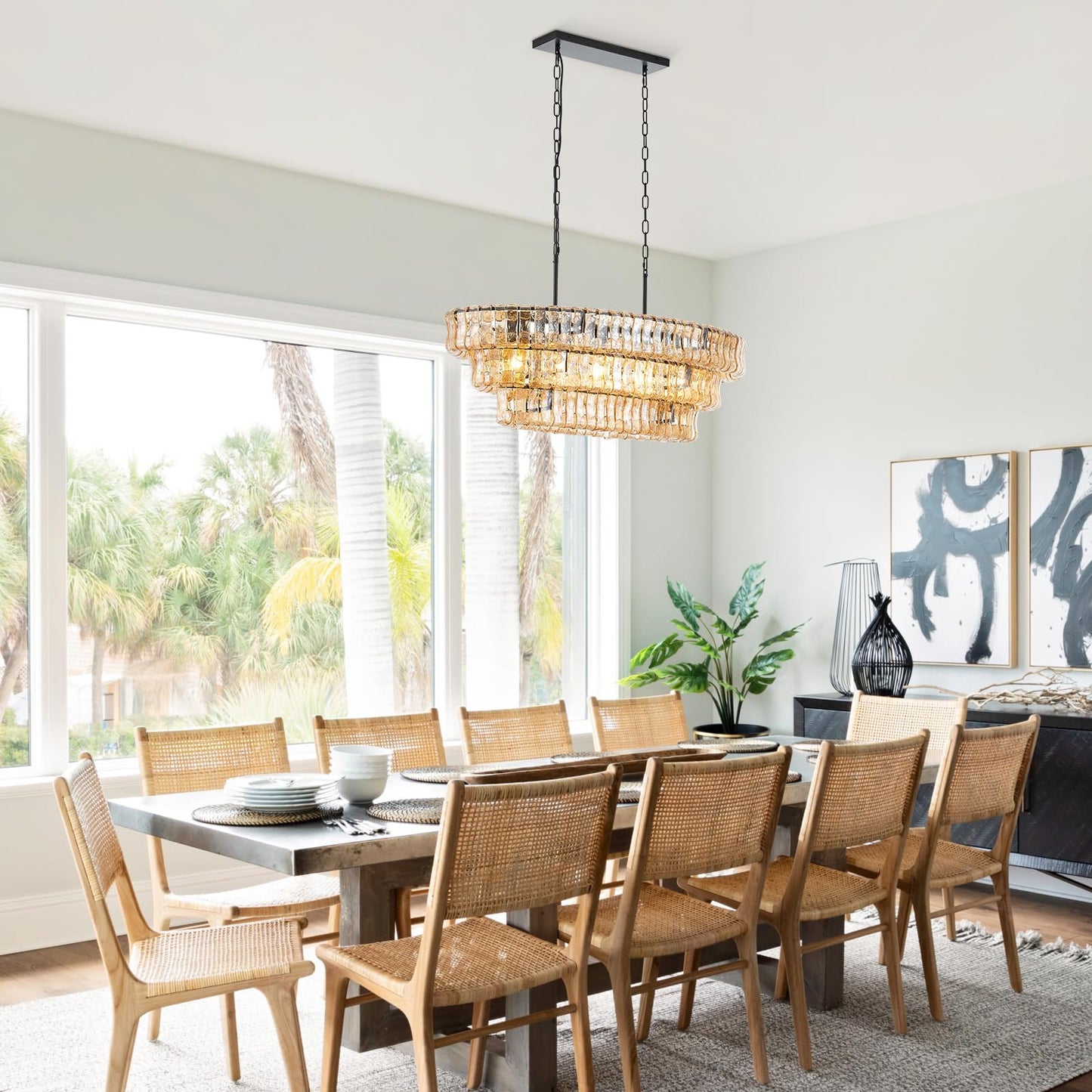 VANZARLA Large Modern Chandelier with Unique Amber Glass Shade, 3-Tier Dining Room Light Fixture, Farmhouse Chandelier for Kitchen Island Living Room Foyer