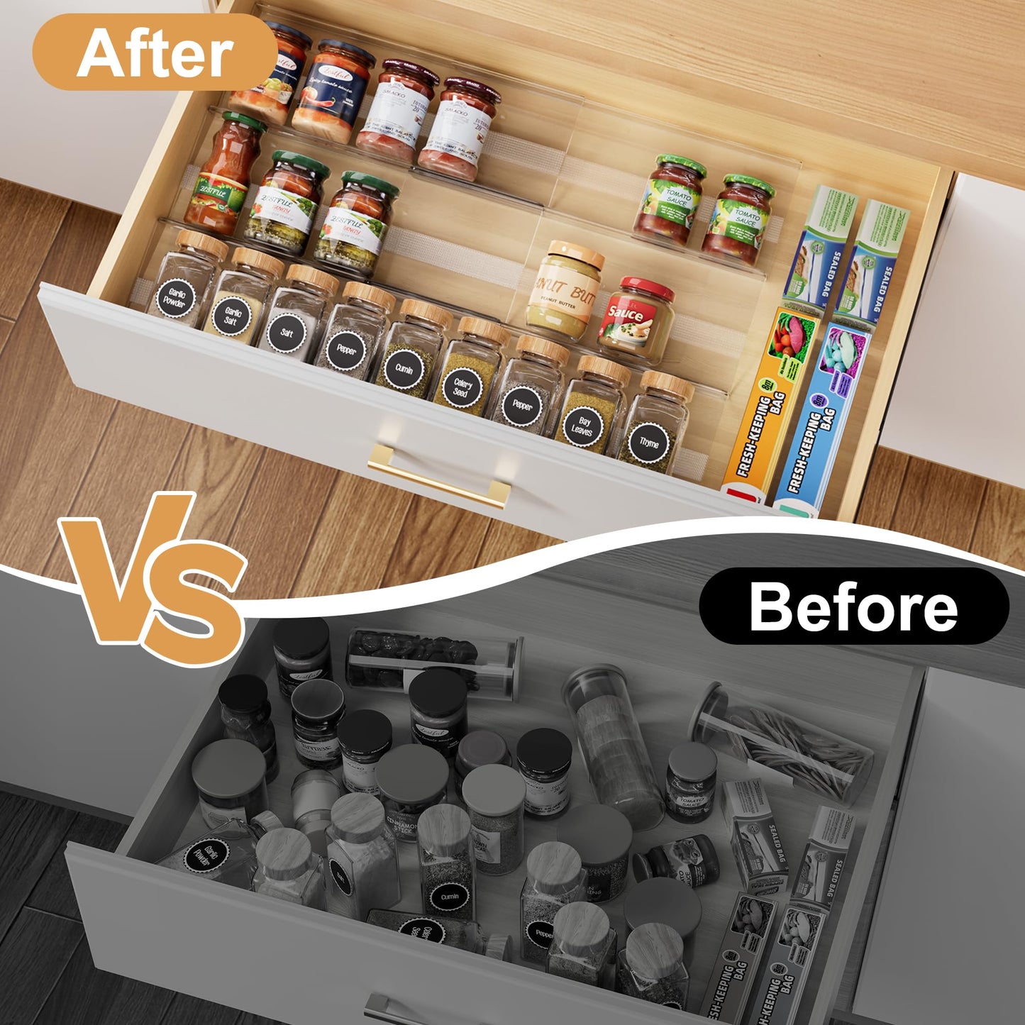 Brippo Expandable Spice Drawer Organizer Insert, 6-Pack Kitchen Adjustable Seasoning Rack Tray (13" to 26"), Clear Acrylic with Anti-Slip Mat, for Cabinet Countertop (Jars Not Included)