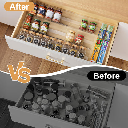 Brippo Expandable Spice Drawer Organizer Insert, 6-Pack Kitchen Adjustable Seasoning Rack Tray (13" to 26"), Clear Acrylic with Anti-Slip Mat, for Cabinet Countertop (Jars Not Included)