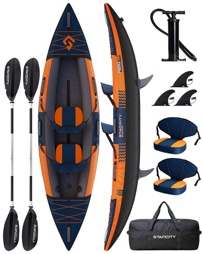 Kayak Inflatable Sit on Top Tandem Wide Stable Touring Fishing Performance 600 pound Capacity 12"2"*36"*13" for Lake Coastal Exploration Family Kayak Beginners Angler Kayak Adjustable Seat Footrest