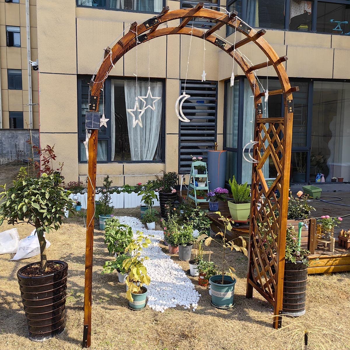 KUYBTU Sturdy Garden Arch Trellis Wooden Rose Arbor Arbour 47" X 82.6" /63" X 93" /81.8" X 102.7" Pergola Archway for Various Climbing Plant Backyard Decoration Weather Resistan-Natural-140x50x227cm