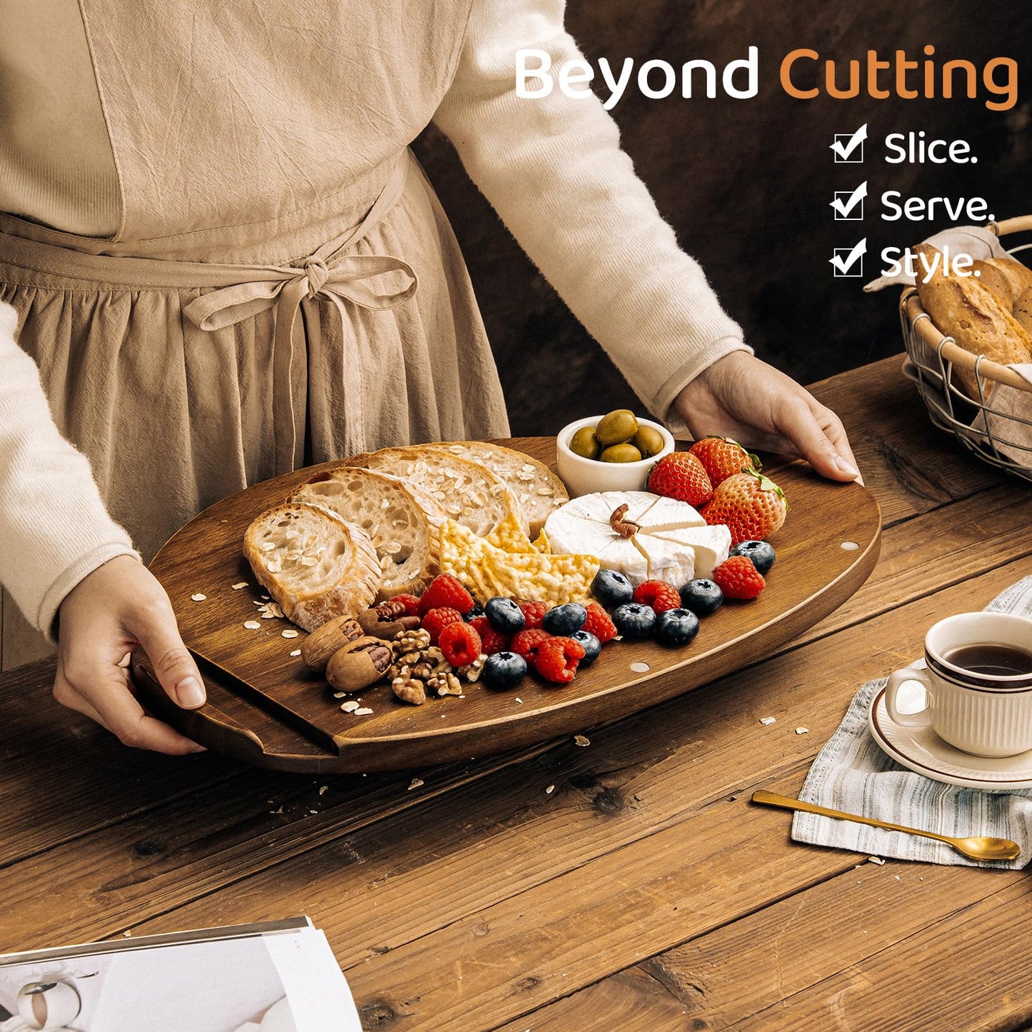 Sourdough Bread Slicer & Bow Knife Set - High Arch Bread Cutter for Homemade Bread - Heavy Duty Wooden Cutting Board with Deep Groove for Hard Crusts - Magnetic Design, Unique Sourdough Shape