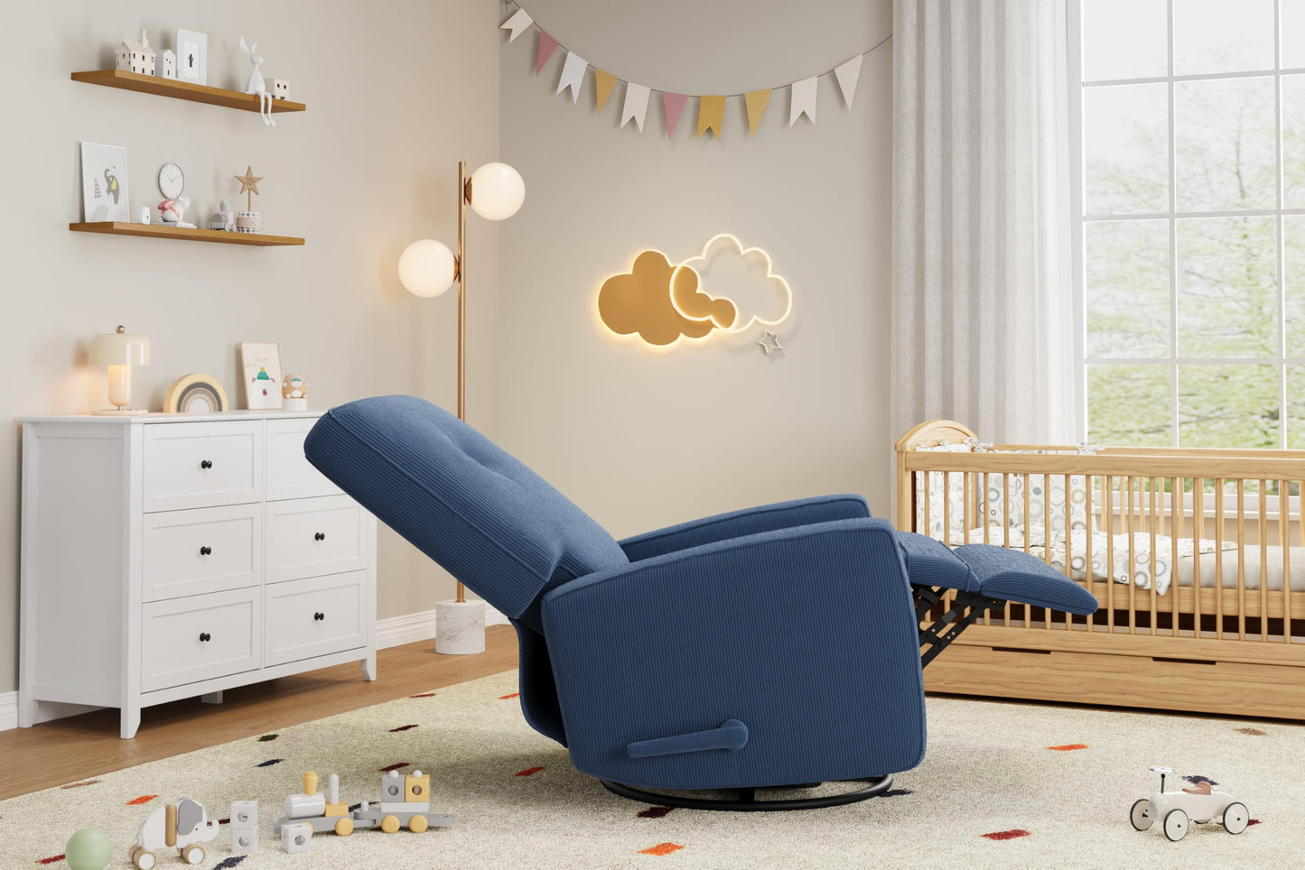 IDEALHOUSE Recliner Chair, 360° Swivel Rocking Glider Chair for Adults with Adjustable Backrest & Footrest, Cozy Corduroy Upholstered Armchair for Living Rooms, Bedrooms, Blue