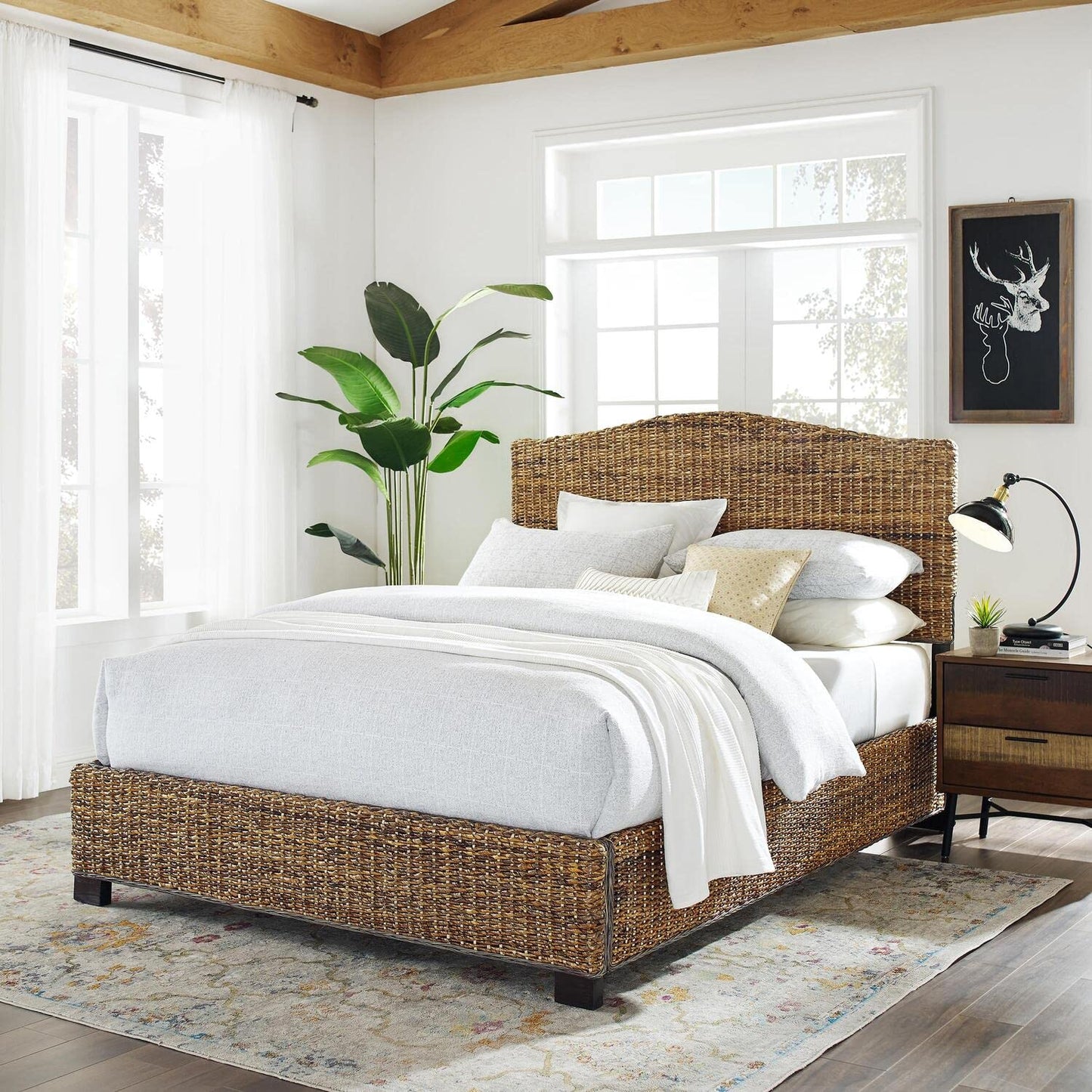 HomeStock Lakeside Living Bed Set, Queen Size, Natural, Steel, Wood Finish Banana Leaf - 86" L x 66.75" W x 52.75" H