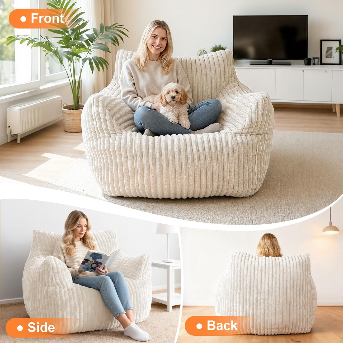 HarborHue Giant Bean Bag Chair with Ottoman, Oversized Memory Foam Bean Bag Sofa for Adults and Kids, Large Comfy Fluffy Single Lounges Mini Couch for Living Room, Bedroom & Dorm(Beige)