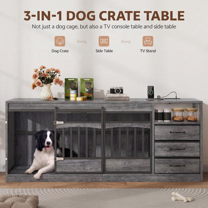 Homiflex 68.9" Large Dog Crate Furniture with 3 Storage Drawers Farmhouse Dog Kennel TV Stand Indoor for Large Medium Dogs Decorative Dog Cage with Sliding Barn Door & Power Outlet Grey