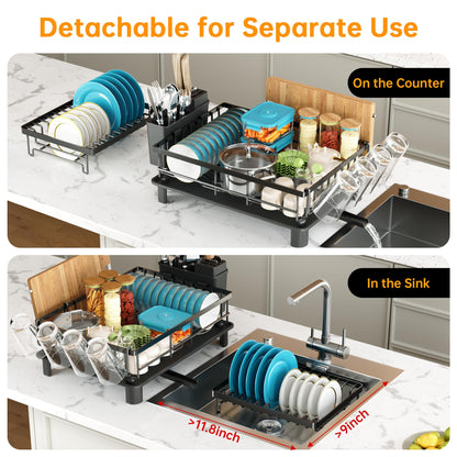 IMXSUMDA Dish Drying Rack, 2 Tier Dish Racks for Kitchen Counter, Compact Drying Rack Kitchen, Rust-Resistant Dish Drainer, Detachable Space-Saving Dish Rack with Drainboard, Utensil Holder, Black