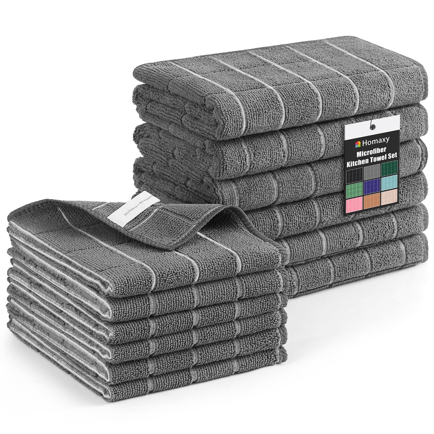 Homaxy Microfiber Kitchen Towels and Dishcloths Set, 12 Pack Soft and Absorbent Dish Hand Towels Bulk, 28 x 16 Inch & 12 x 12 Inch Quick Drying Rags for Washing Dishes, Grey