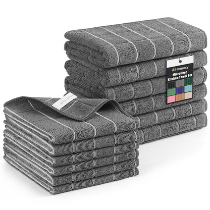 Homaxy Microfiber Kitchen Towels and Dishcloths Set, 12 Pack Soft and Absorbent Dish Hand Towels Bulk, 28 x 16 Inch & 12 x 12 Inch Quick Drying Rags for Washing Dishes, Grey