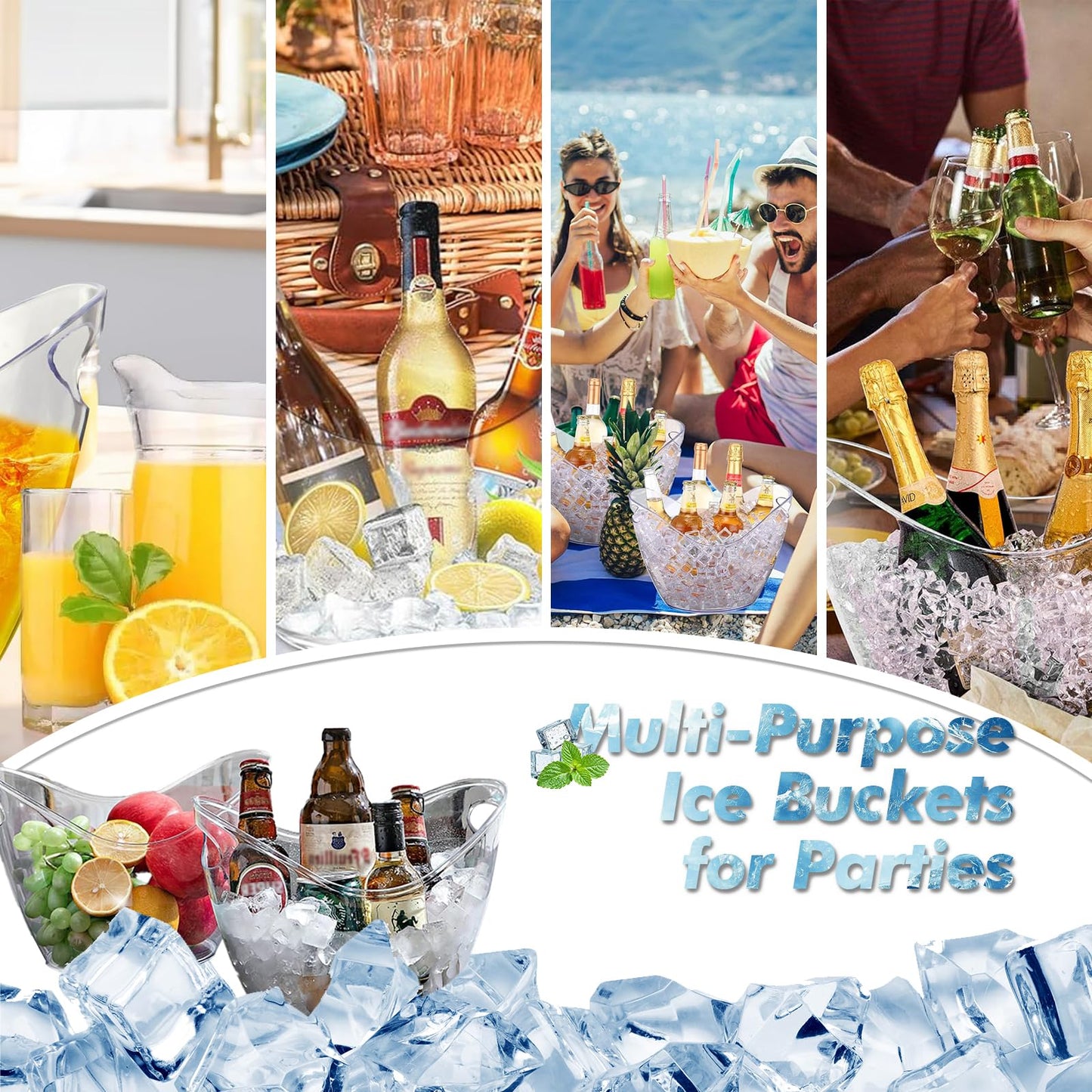 WELKOR 4L Clear Plastic Champagne Ice Bucket & Beverage Chiller Tub Set- Perfect for Parties, Mimosa Bars, Beer, Wine,Drinks & Cocktails (4L, 2 ice Buckets & 2 ice Scoops)