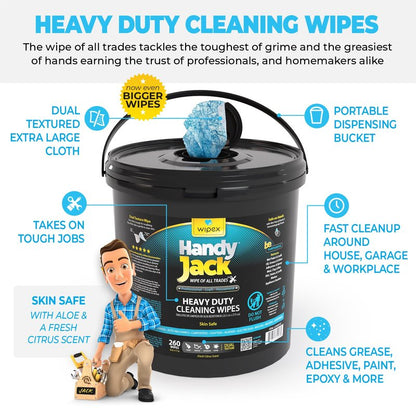 Wipex Handy Jack Heavy Duty Wipes, Dual Texture Cleaning Cloth, Use on Hands, Equipment, Tools - Removes Paint, Adhesives, Oil, Grease, & Dirt, Bulk Size, 260 Count (Pack of 1)