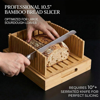 10.5" Bamboo Bread Slicer for Homemade Bread - Sourdough Slicing Guide with Crumb Catcher & Stable Mortise-Tenon Structure