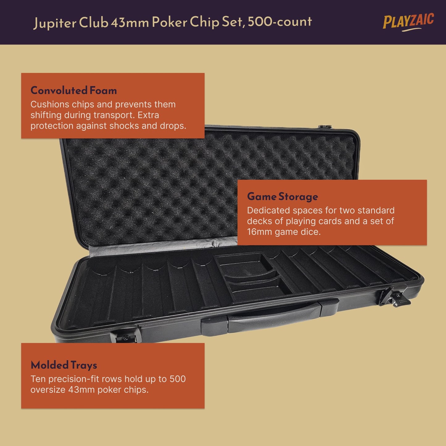 Playzaic 500-count Jupiter Club 43mm Oversize Casino Clay Poker Chip Set | 11-gram XL Chips in Locking Protective Case | 100% Clay Luxury Feel for Home Cash Games & High Stakes Tournaments
