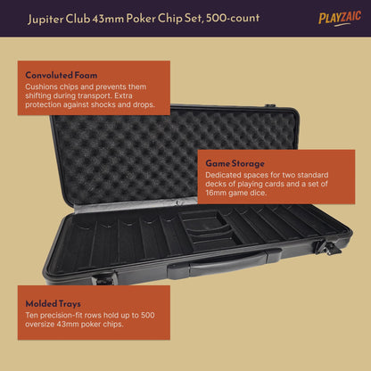 Playzaic 500-count Jupiter Club 43mm Oversize Casino Clay Poker Chip Set | 11-gram XL Chips in Locking Protective Case | 100% Clay Luxury Feel for Home Cash Games & High Stakes Tournaments