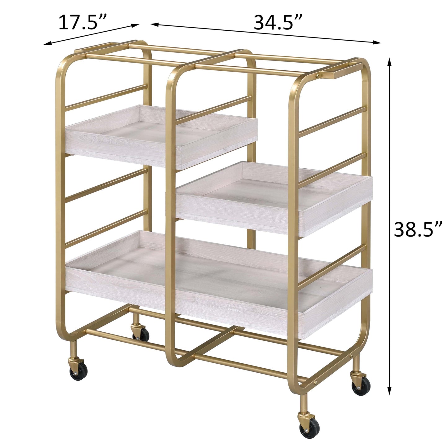 agnixnaf Serving Cart, with 3 Adjustable Trays, 4 Smooth Rolling Casters, Gold and White Wash, Easy to Maintain, for Living Room, Dining Room