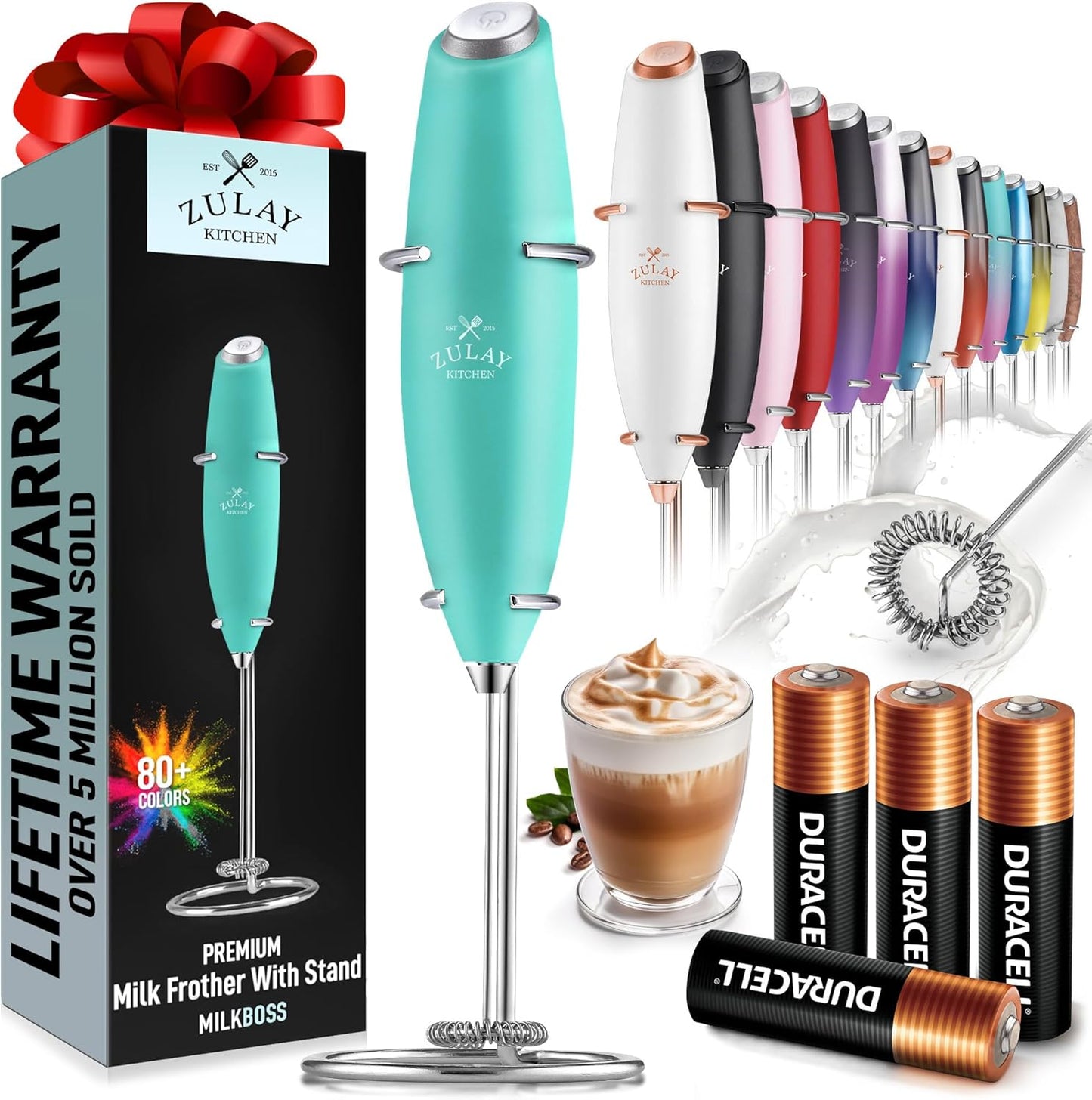 Zulay Kitchen Milk Frother Wand - Ultra-Fast Handheld Drink Mixer with 4 AA Batteries - Aqua Color