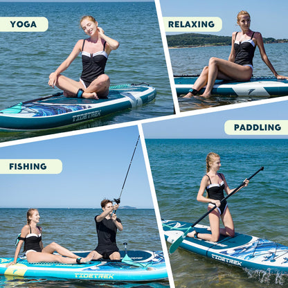 TIDETREK 11'/11'6" x 33"/34" x 6" Inflatable SUP Paddle Board – Extra-Wide, Stable Stand Up Paddle Board with Premium Full Accessory Set for Adults & Youth (Ocean Spirit/Kayak Seat, 11'x33 x6)