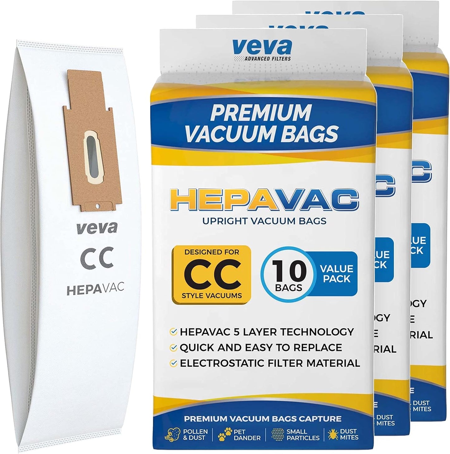 VEVA 30 Pack Premium HEPA Vacuum Bags, Odor Fighting Style CC, Hypo-Allergenic for Oreck Models XL5, XL7, XL21