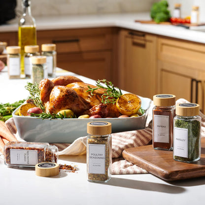24-Piece Set Spice Jars by Le'raze: Glass Jars with Bamboo Lids, Labels & Funnel, Airtight Kitchen Storage