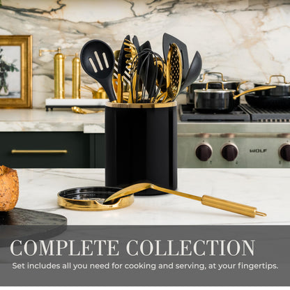 STYLED SETTINGS Black and Gold Cooking Utensils Set - 13-Piece Kitchen Set with Black Ceramic Utensil Holder and Stackable Gold Spoon Rest - Luxury Kitchen Accessories for Stylish Cooking and Serving