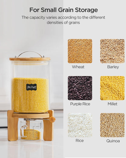 Famyards 5-7 lbs Glass Rice Dispenser with Wooden Stand Flour and Cereal Container with Glass Measuring Cup & Labels & Slider mat Pantry Food Organization Storage Bin with Airtight Bamboo Lid, 3L