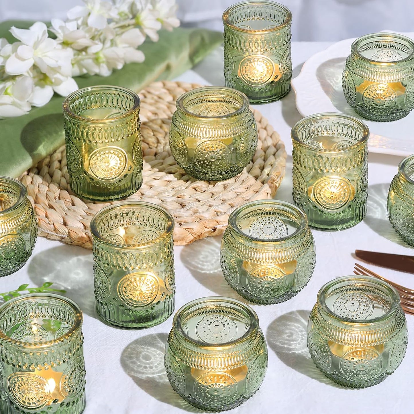 12pcs Assorted Green Votive Candle Holders for Wedding Table Decorations, Glass Tea Lights Candle Holder for Bridal