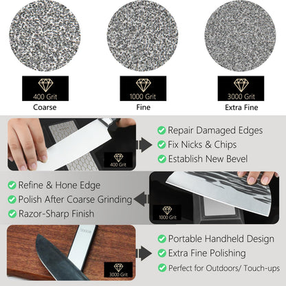 Diamond Sharpening Stone Set & Knife Sharpener Whetstone Kit, Double-Sided 400/1000 Grit Plate with Non-Slip Base & Angle Guide, Portable 3000 Grit Honing Tool for Kitchen Ceramic Knives