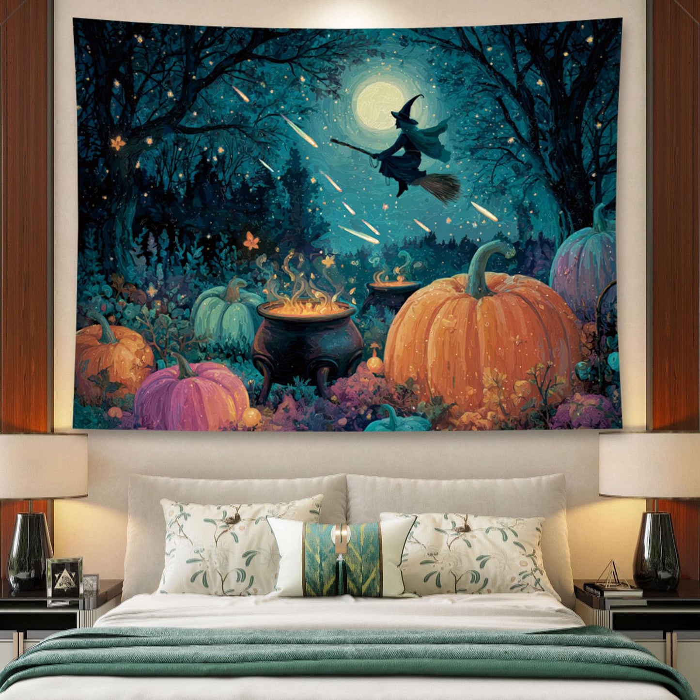 Liuzhouzai Halloween Pumpkin Tapestry Wall Hanging Broomstick-Riding Witch Personalized Background Living Room and Bedroom Wall Decoration 80 x 60 Inches