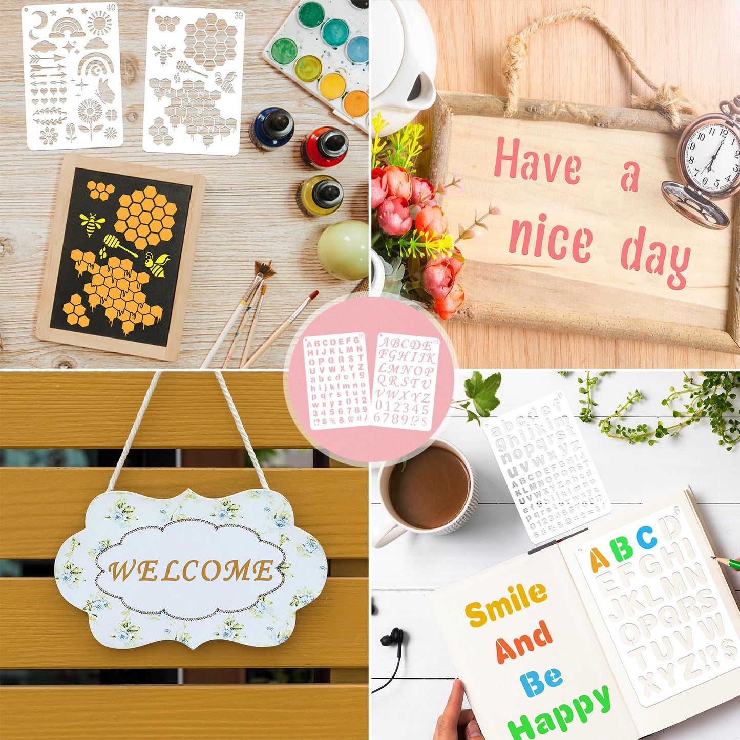 BAMIDELE Letter and Number Stencils for Painting - 40 PCS Small Alphabet Stencils (1, 0.75, 0.5, 0.35 Inch) for Crafts, Wood, Cakes - Reusable Plastic Bullet Journaling Letter Stencil (7.5 x 5 Inch)