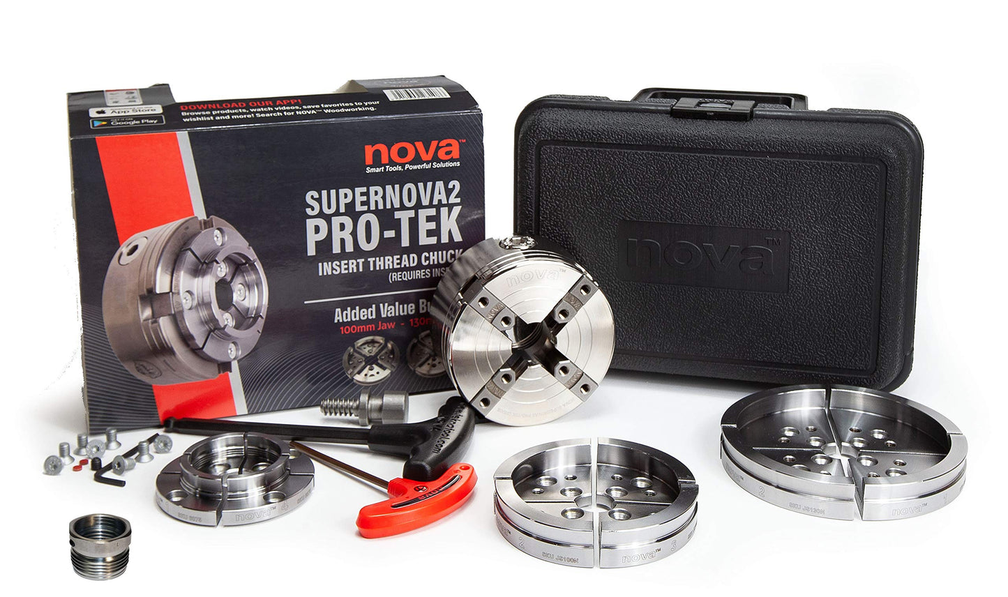 Nova 23108 Supernova 2 Premier Pro-Tek Chuck Bundle for Wood Lathe Turning with Pro-Tek 2" Jaws, 4" Bowl Jaws, 5" Bowl Jaws, Woodworm Screw, Case & Accessories, plus Nova ILNS 1-1/4" x 8tpi Insert