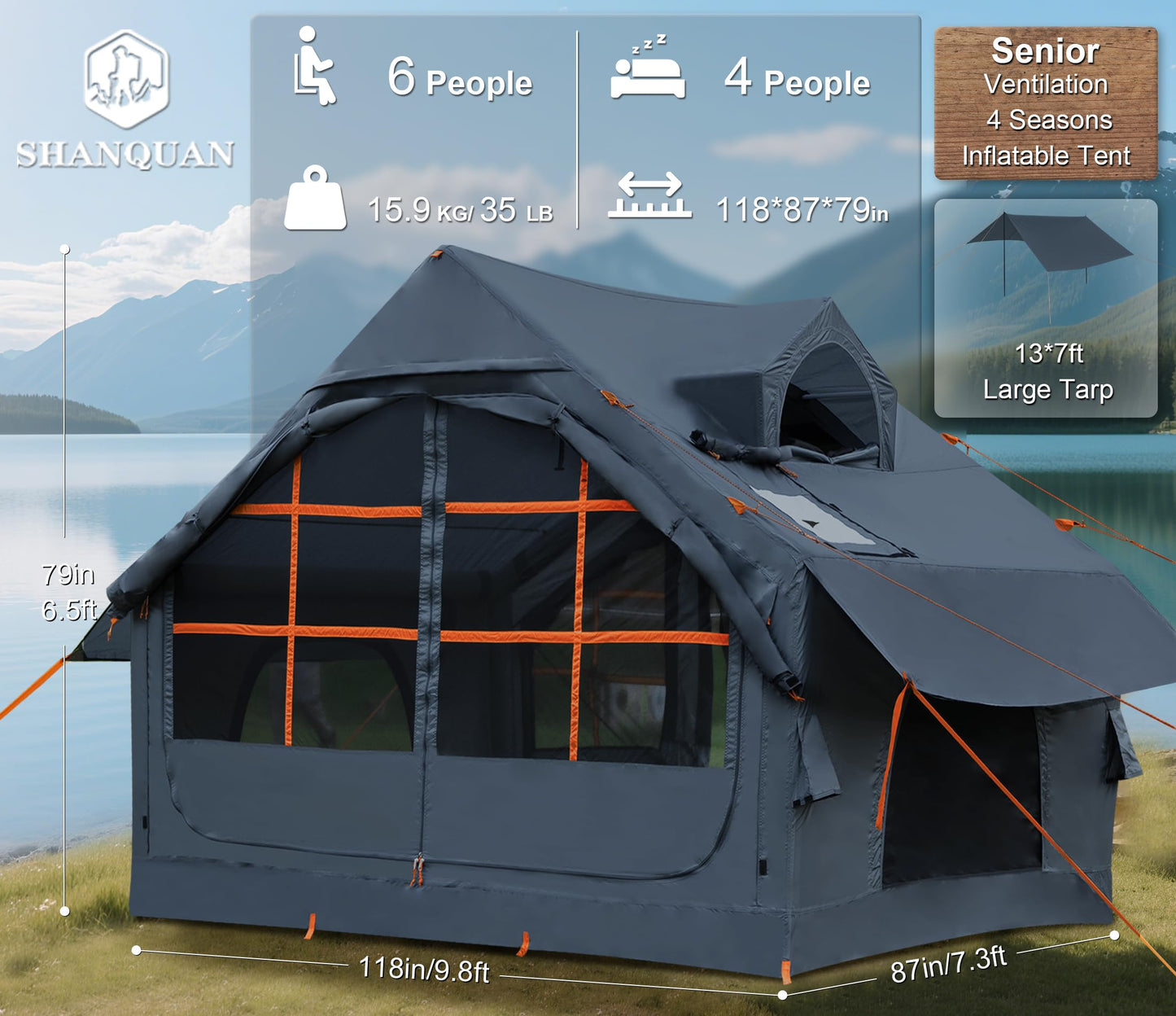 4/6 Persons Inflatable Tents for Camping with Awning, Easy Setup Blow Up Tents for 4 Seasons Waterproof Inflatable Camping Tent,Wind Resistant Air Glamping Tents for Camping Adult