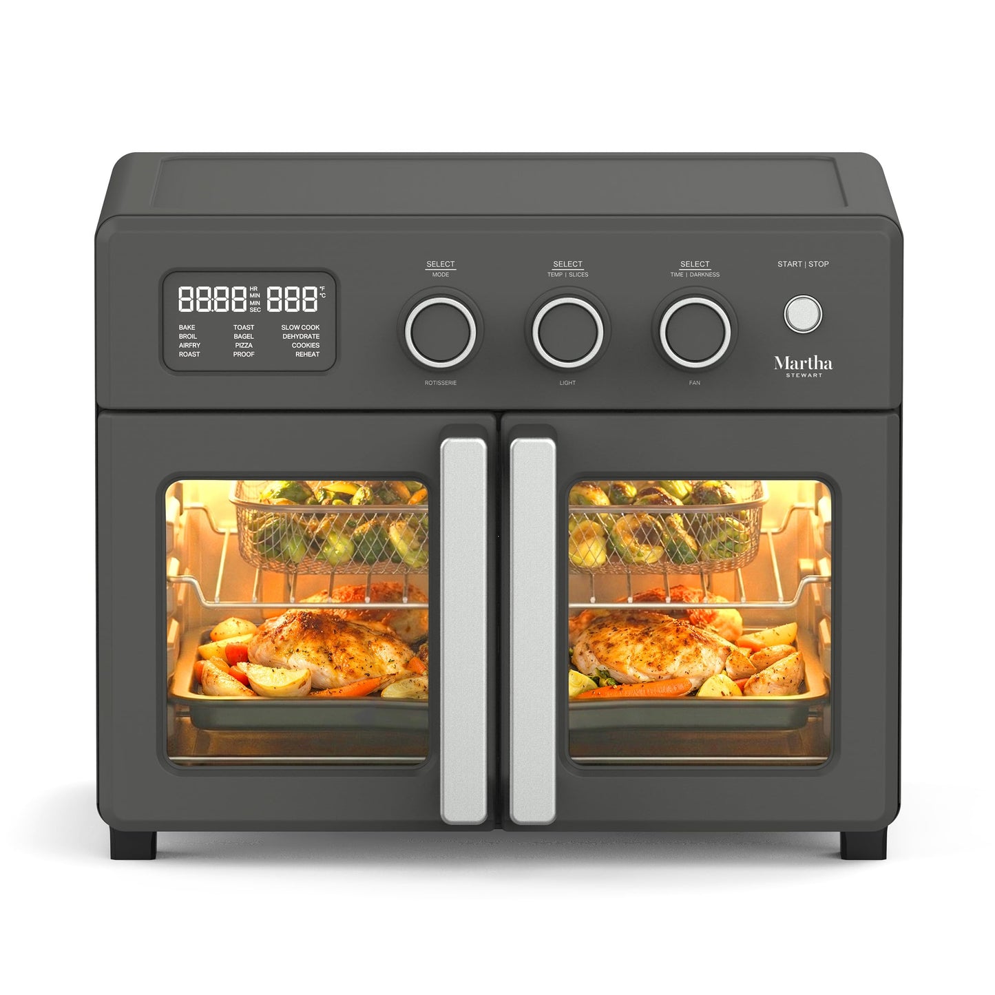 Martha Stewart French Door Air Fryer Toaster Oven Combo, 34QT Countertop Convection, 12-in-1, Bake, Broil, Roast, Fits 12” Pizza, Dehydrate, 5 Accessories, Air Fry Basket, Stainless Steel, Caviar Gray