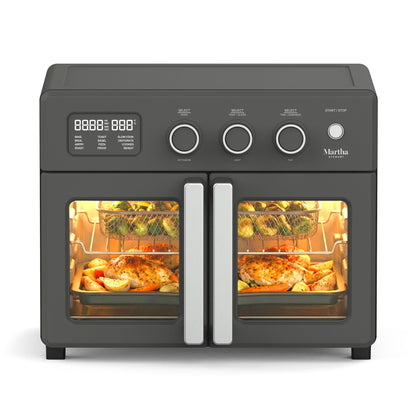 Martha Stewart French Door Air Fryer Toaster Oven Combo, 34QT Countertop Convection, 12-in-1, Bake, Broil, Roast, Fits 12” Pizza, Dehydrate, 5 Accessories, Air Fry Basket, Stainless Steel, Caviar Gray