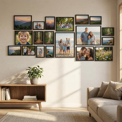 WIFTREY 18 Pack Picture Frames Collage Wall Decor, Black Gallery Photo Frame Set for Mounting or Tabletop Display, Multi Sizes Including 6pcs 4x6, 6pcs 5x7, 4pcs 8x10, 2pcs 11x14