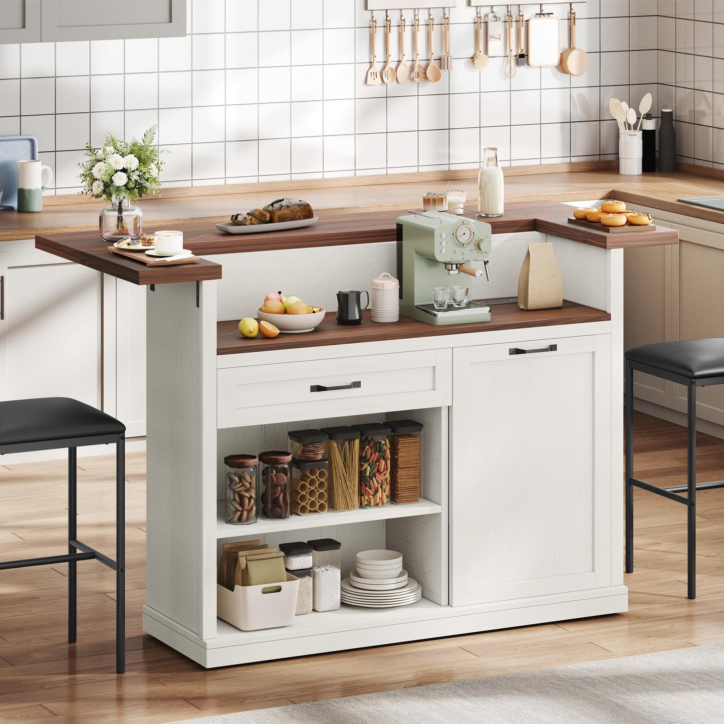 Homiflex Kitchen Island with Seating, Rolling Kitchen Islands with Storage, 55" W Large Island Table, Breakfast Bar Counter with Drop Leaf, Trash Can Cabinet, Power Outlet for Dining Room, Walnut