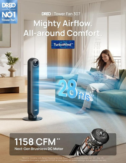 DREO Bladeless Tower Fan - Ultra Quiet 20dB with 8 Speeds & 90° Oscillation | High Velocity 28ft/s, Remote Control, Black